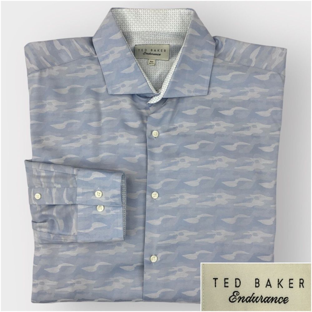 TED BAKER Mens Button Up Shirt Long Sleeve Mens Size 16.5 Cotton Casual Camo
